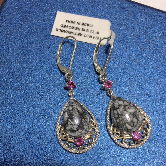 925 silver marked teardrop black agate amethyst hinged back pierced earrings new - Picture 11 of 17